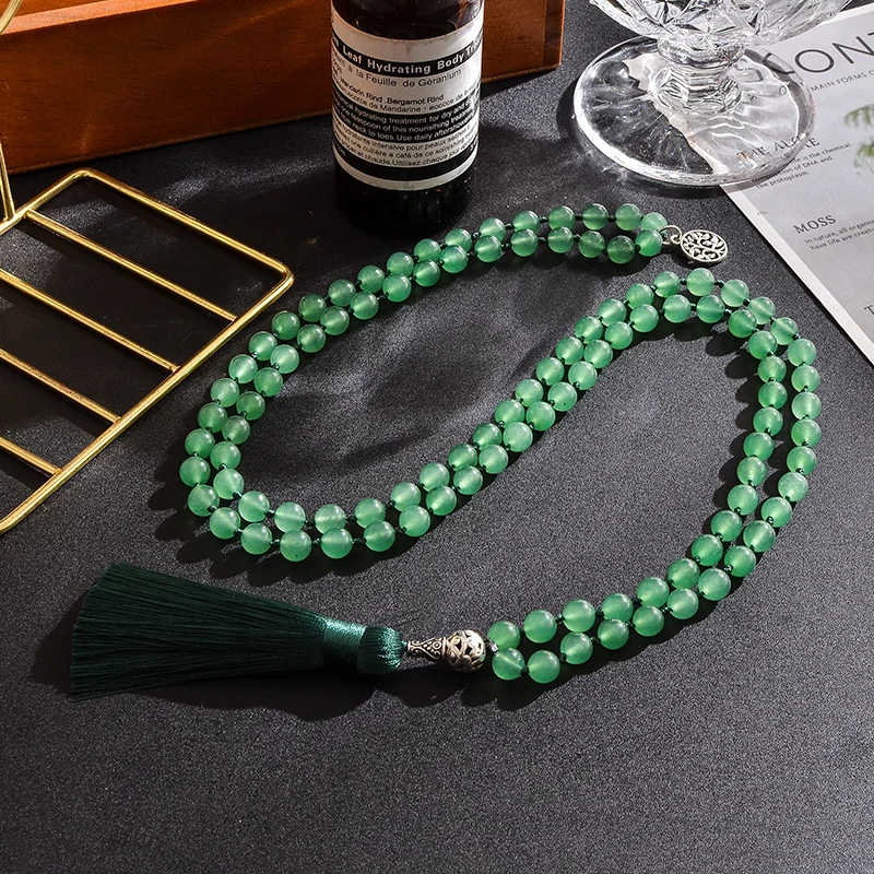 108 Count 8mm Green Aventurine Jade Beads Knotted Japa Mala Necklace Meditation Yoga Prayer Rosary for Men and Women Jewelry