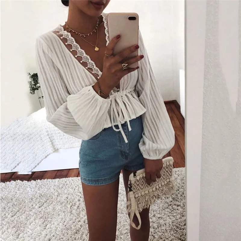

High Street Women White Crop Tops Striped Blouse Lace Deep V Neck Long Lantern Sleeve Shirts Eleghant Lady Lace-up Tops Autumn