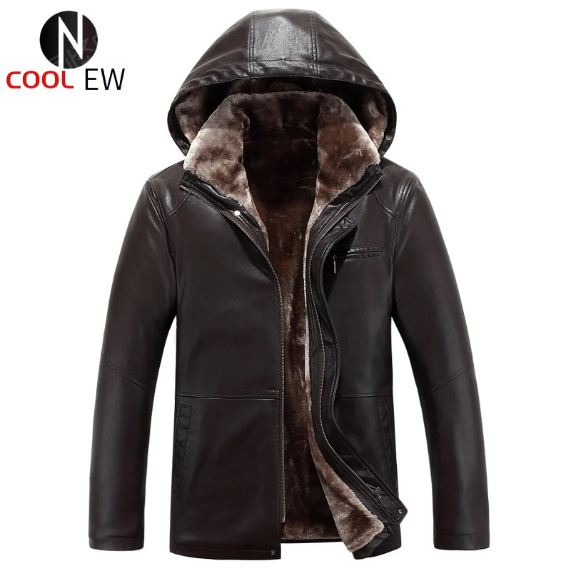 

Зимняя мужская одежда 2021 года, толстовка из овечьей кожи с капюшоном и меховым воротником для мужчин среднего возраста, длинное плюшевое то...