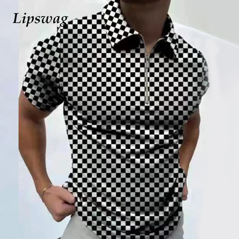 Рубашка поло мужская клетчатая с отложным воротником на молнии|Поло| |