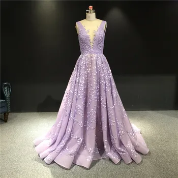 Vestidos de fiesta 100%Real Sample Purple Color Deep V-Neck Sleeveless Lace Open Back Formal Party Prom Bridal Evening Dresses