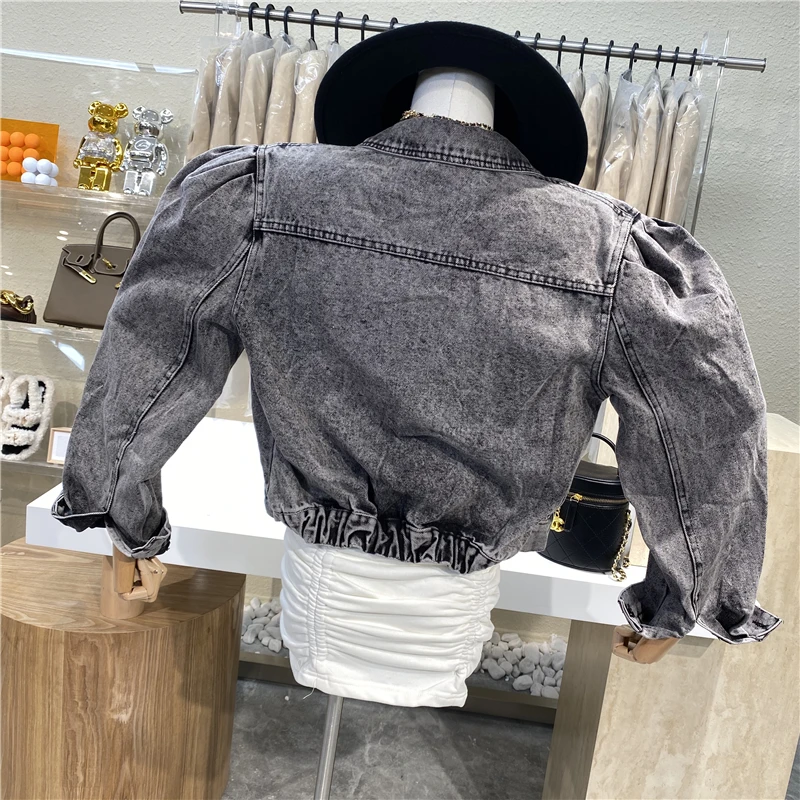 

Brand Original Design Grey Pocket Coat 2021 New Loose buttons Short Puff Sleeve Denim Jacket
