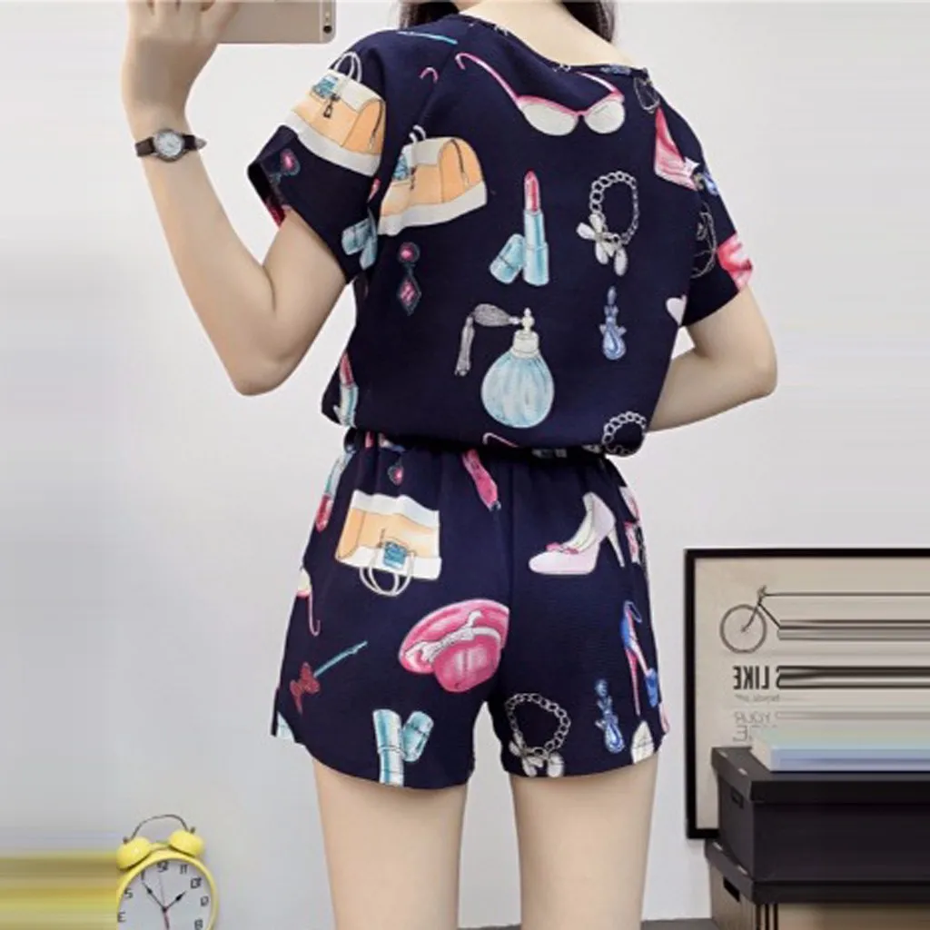 

Two Piece Set Chiffon Top Blouse Boho Fashion Print Summer Short Sleeve Tops And shorts Tracksuits Women Outfits 2 Piece Set