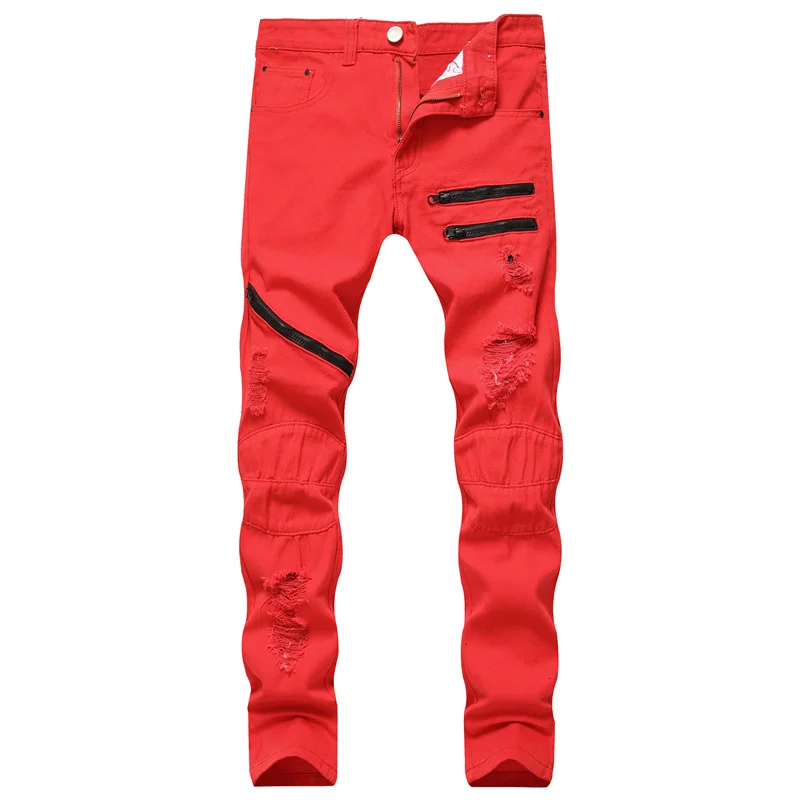 

2021 Men Stacked Ripped Jeans Male Zipper Winter Denim Straight Leg Trousers Slim Fit Boyfriend Streetwear White Red Black Pants