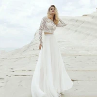 charming latest ivory lace wedding dresses two pieces long sleeves wedding gowns jewel neck bridal dress full length 2021