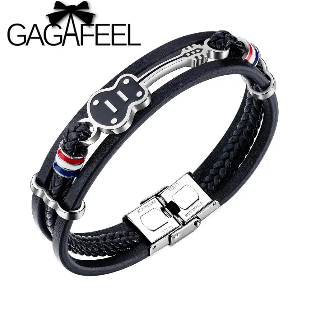 GAGAFEEL панк Нержавеющая сталь браслеты с гитарой персонализированные ручной работы Плетеный ремешок цепи оплетенные кожаные украшения для Для мужчин