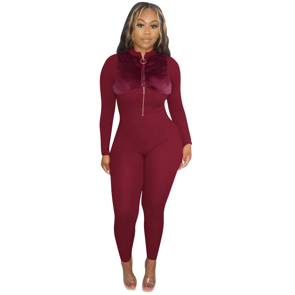 

Женский осенне-зимний женский комбинезон в европейском и американском стиле на молнии с фланцем, плюшевый однотонный тканевый комбинезон в...