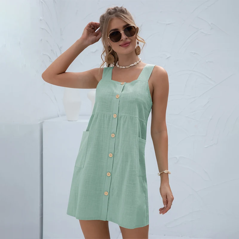 

Summer New Strap Dress Women Solid Color Button Loose Waist Pocket Sleeveless Casual Streetwear Beach Mini Short Dresses