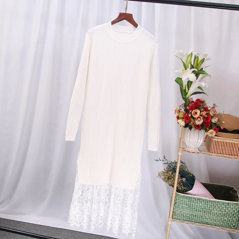 Женское прямое трикотажное платье длинное пуловер с кружевной вышивкой в
