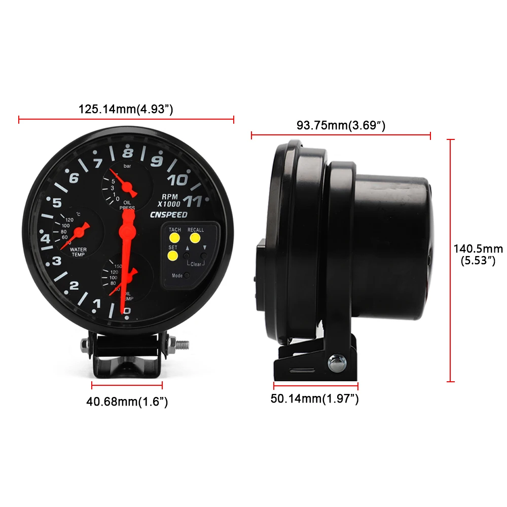 5" 4 IN 1 12V Racing Car Tachometer Rpm Gauge Meter Water Temp Oil Temperature oil pressure gauge Meter shift light Sensor