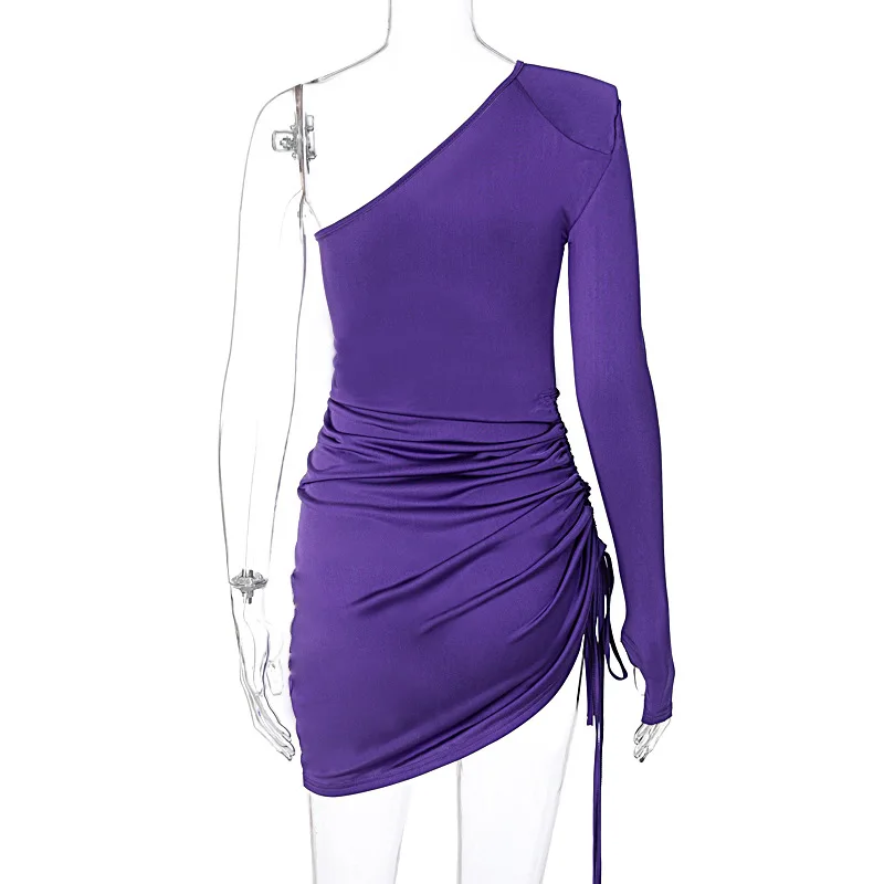 

Sexy Long Sleeve Dresses Women Off Shoulder Bodycon Slim Pleated Purple Package Hip Mini Short Dress 2021 Summer Fashion Dress