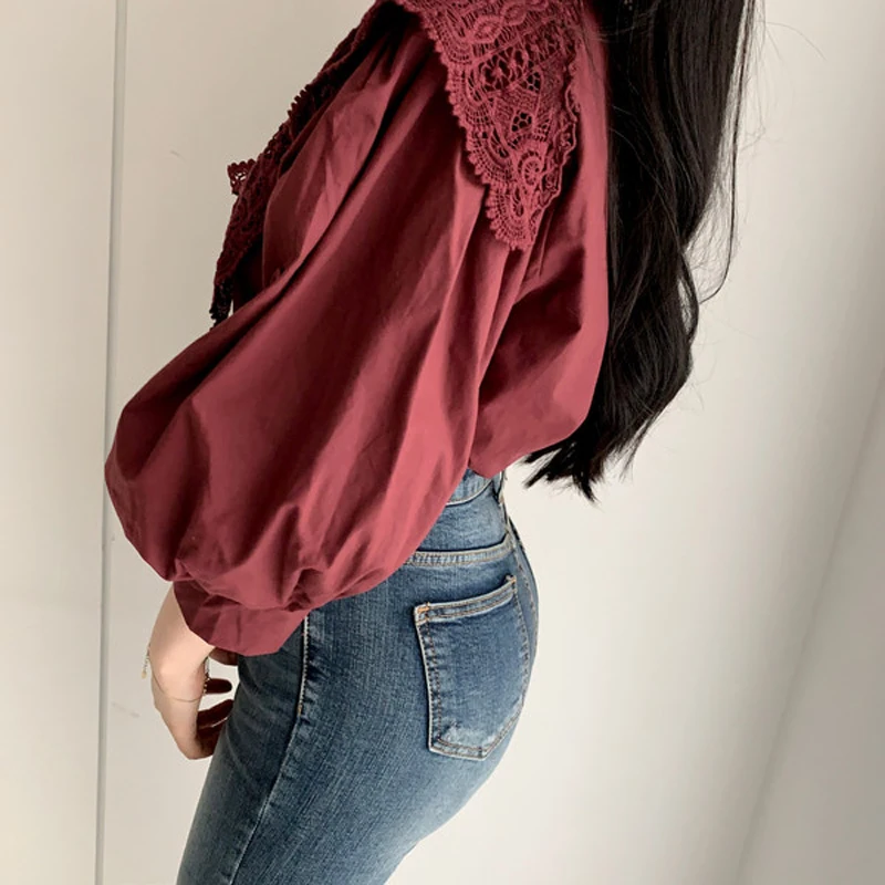Женская кружевная блузка Элегантная с V-образным вырезом и пышными рукавами