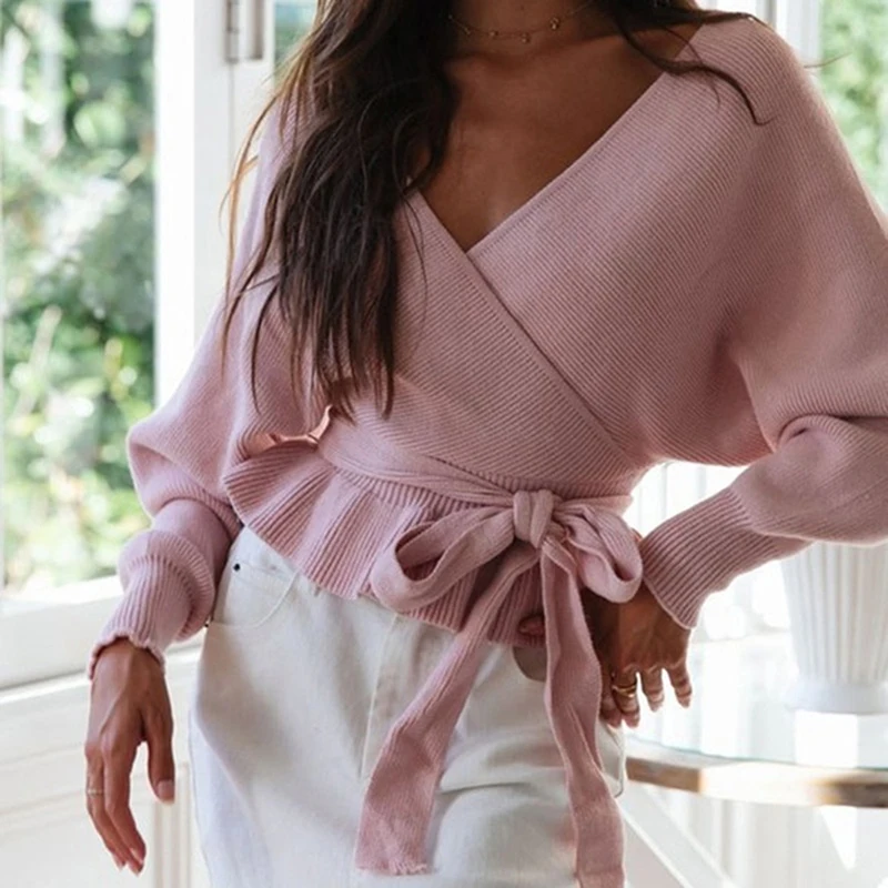 Women pullover With Tie Belt Wide Sleeve Open Front Cozy Knit Ladies Knitwear Autumn Winter Sweater | Женская одежда