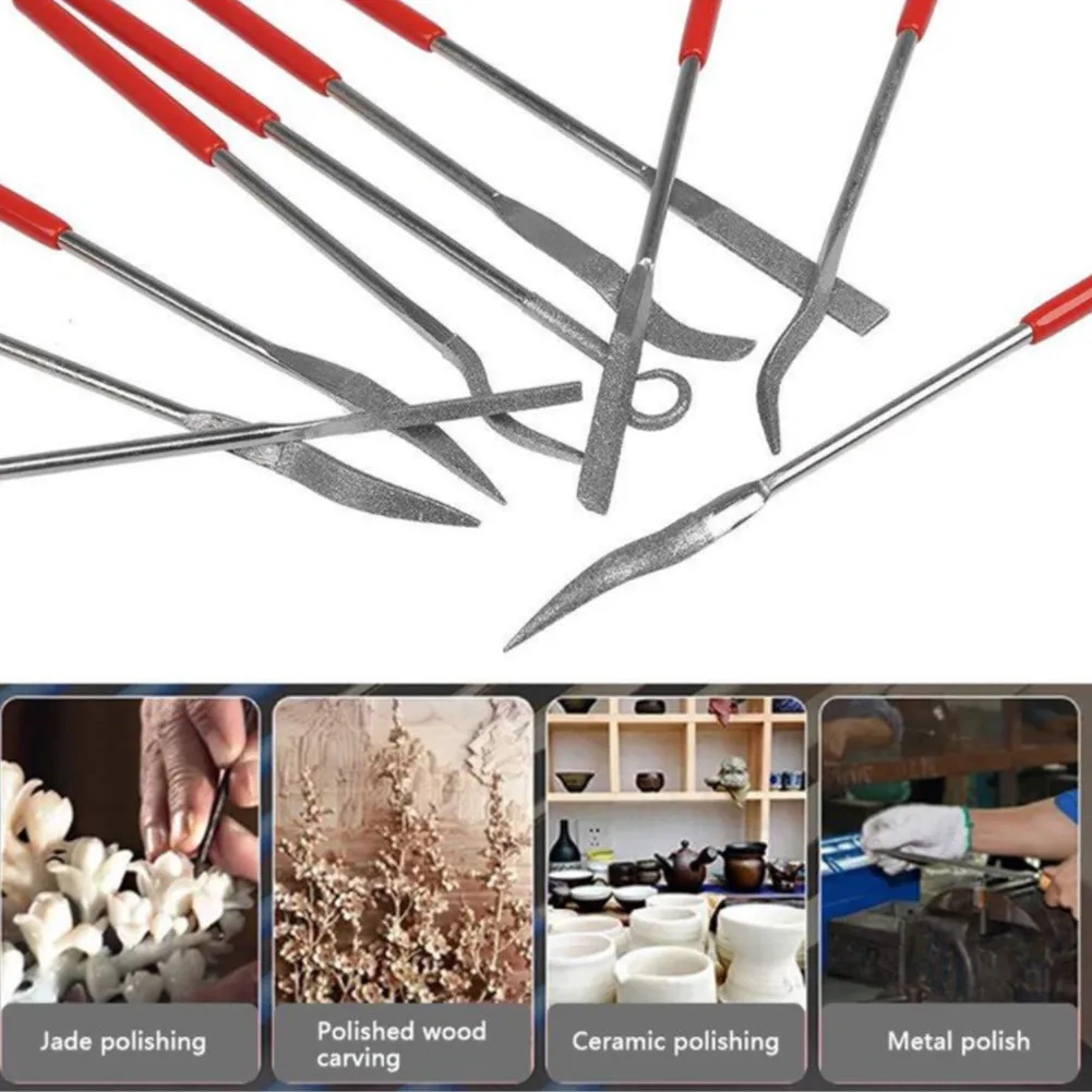 

10pcs Diamond Files Special Shaped Grinding Files Non-Slip Handle Carving Tool For Ceramics Glass Bearings Moulds Gears