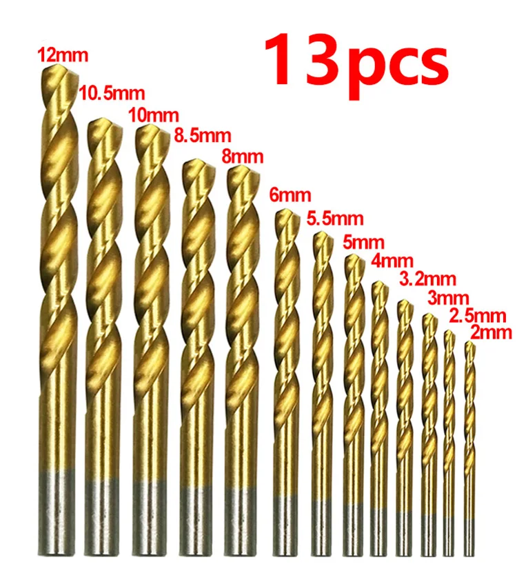 

13Pcs HSS Titanium Coated High Speed Steel Drill Bit Set Tool 2mm 2.5mm 3mm 3.2mm 4mm 5mm 5.5mm 6mm 8mm 8.5mm 10mm 10.5mm 12mm