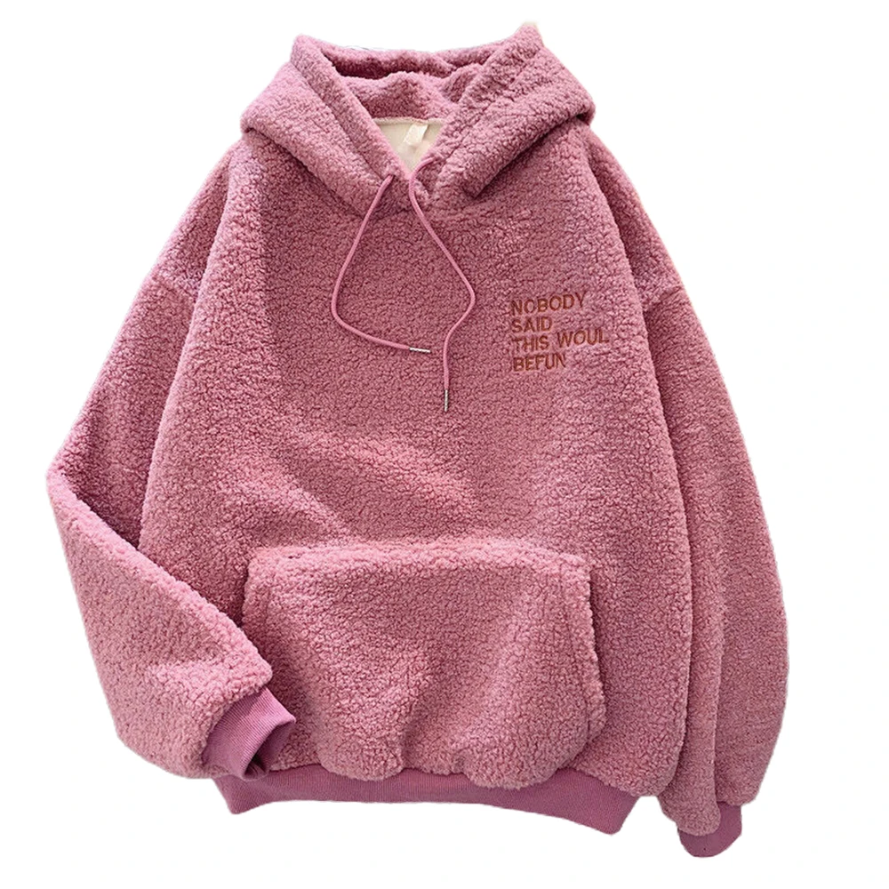 

Sweet Lamb Wool Hooded Hoodies Letter Pockets Sweatshirt Solid Autumn Winter Pullover Warm Vintage Women's Clothing Casual