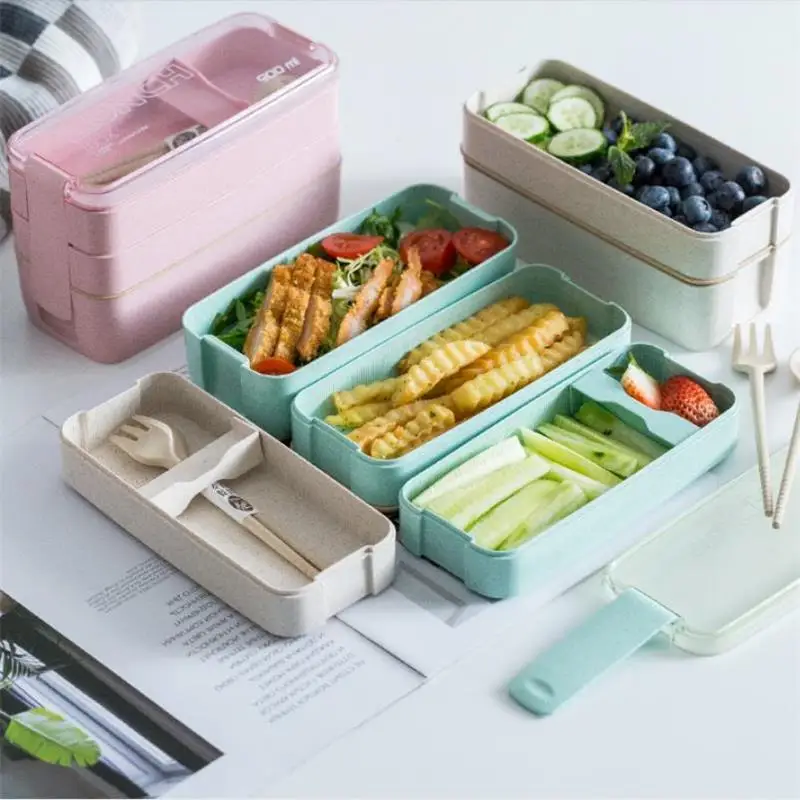 900 мл 3 х слойная коробка Bento экологичный Ланч бокс Пшеничная солома посуда для