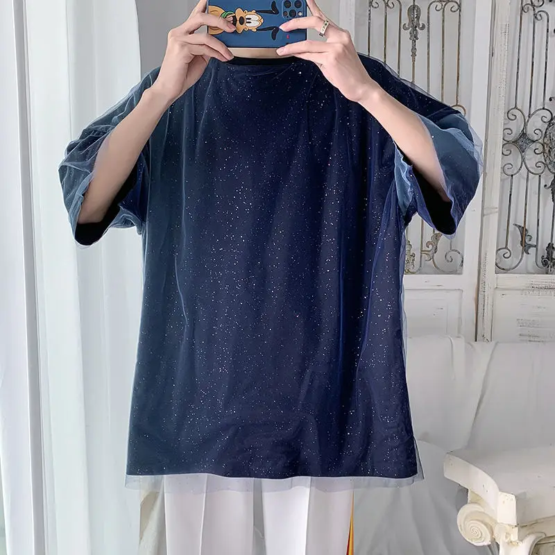 

Summer Fake Two-piece T-shirt Men's Fashion Casual Tulle Tshirt Men Streetwear Korean Loose Short-sleeved T Shirt Mens Tops