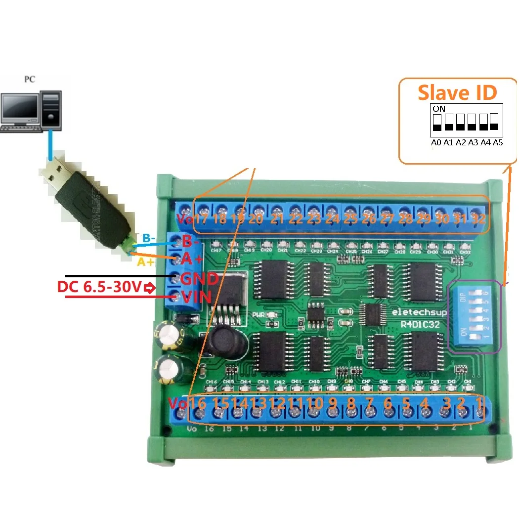 Фото Рельсовый блок RS485 Modbus RTU 6 5 30 В постоянного тока 32 канала DIN35 C45 модуль драйвера для