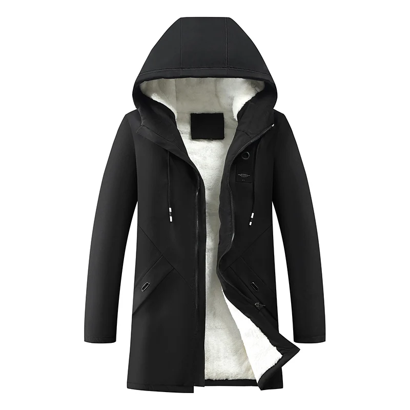 2021 men's autumn and winter new solid color warm coat men's hooded lamb cashmere medium and long Plush thickened cotton coat