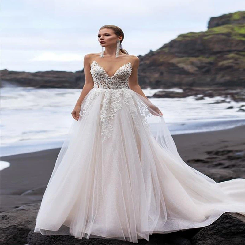 

BAZIIINGAAA Simple Wedding Dress Lace Little Beading Strapless Dress Luxury Wedding Gowns Bridal Can Be Washed Bride Dresses