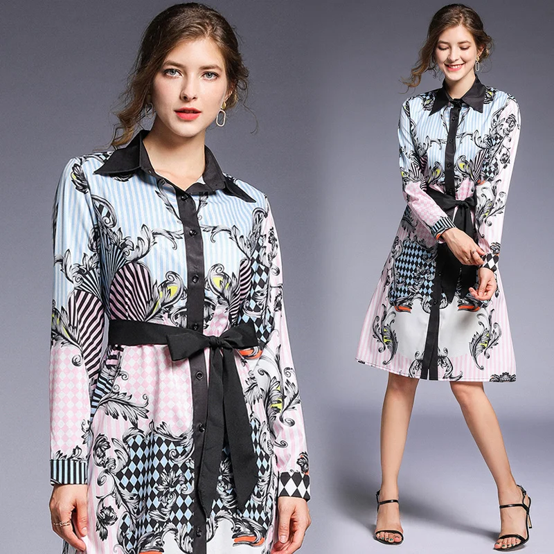 

Office Printed Midi Dress for Women Korean Casual Long Sleeve Multicolor Fashion Elegant Banquet Evening Party Dresses Vestidos