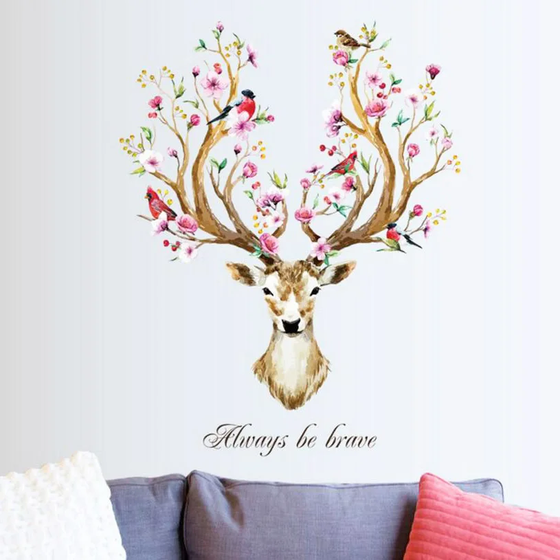 DIY Sika Deer Head Flowers Wall Stickers Living Room Art Vinyl Birds Wallpaper Decals for Kids Baby Home Decor Always Be Brave | Дом и сад