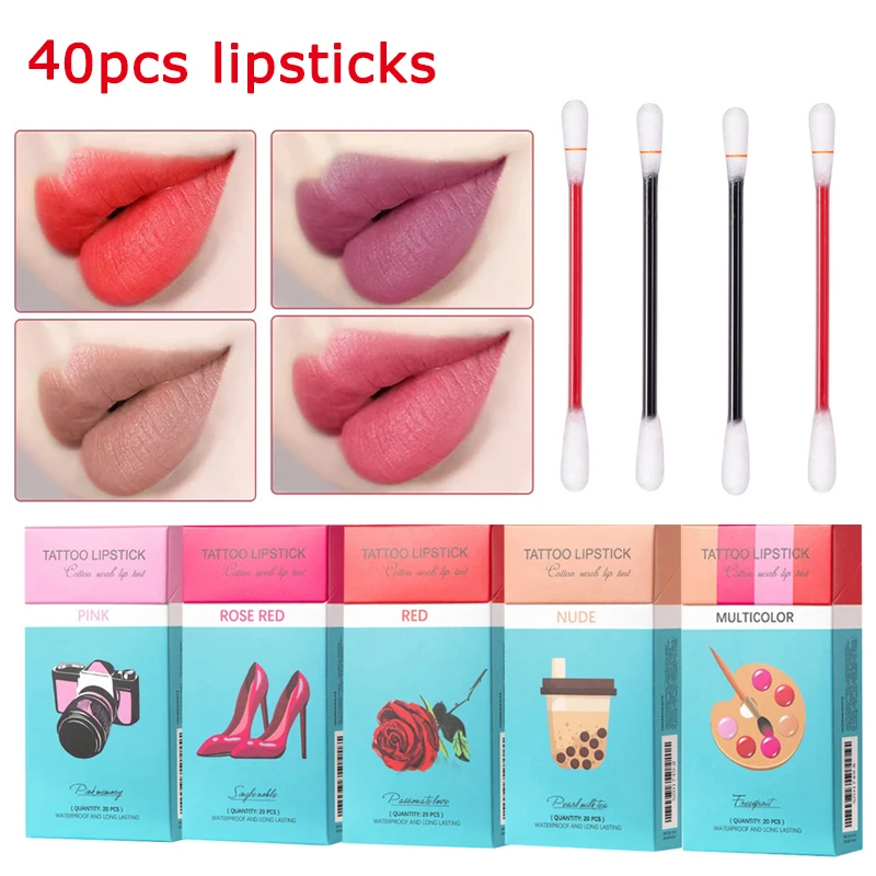 

40Pcs Liquid Lipstick Cotton Swab Lipstick Waterproof Makeup Cigarette Tattoo Lipstick Portable Lip gloss Cosmetics Set