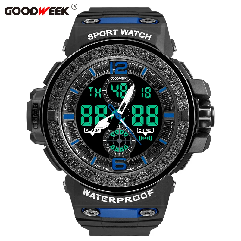 blue GOODWEEK, мужские спортивные часы, водонепроницаемые, военные, армейские, мужские наручные часы, Led, кварцевые часы, двойной циферблат, часы, Relogios Masculino - Цвет: blue