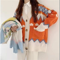 women autumn vintage korean print long knitted sweater casual oversized cardigans chic fashion vintage knit jacket sueters mujer