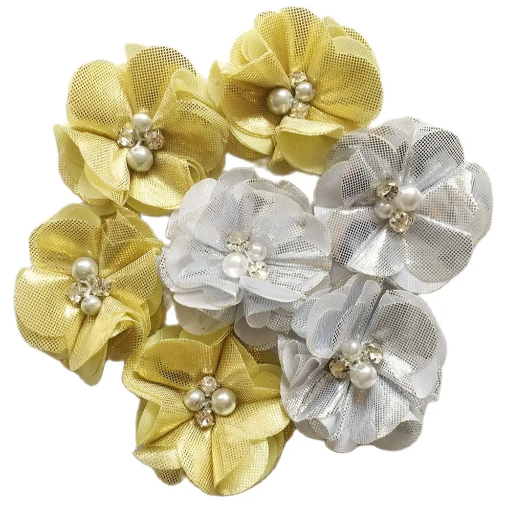2.0 inch Silver &amp Gold Color Chiffon Flower Ruffled Metallic With Rhinestone Center 100Pcs/lot | Аксессуары для одежды