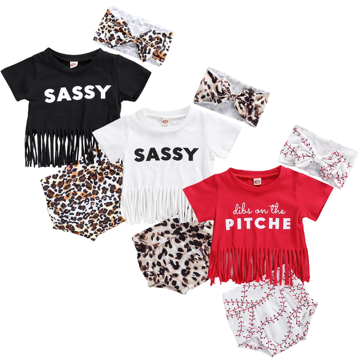 

Summer Kids Baby Girls Clothes Sets Letter Short Sleeve Tassel T Shirts Tops Leopard Shorts Headband