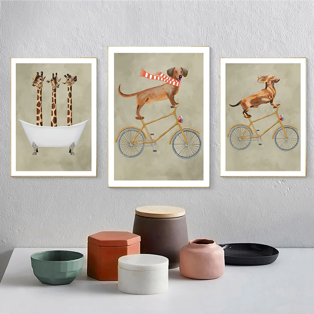 

Dachshund On Bicycle Poster Animals Canvas Painting On The Wall Giraffe Bathtub Nordic Print Picture For Living Room Home Decor