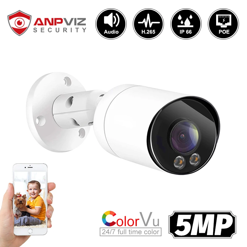 

Anpviz 5MP IP Camera Full Colorful POE Bullet Surveillance Camera IR 30m Built-in Microphone Audio IP66 H.265