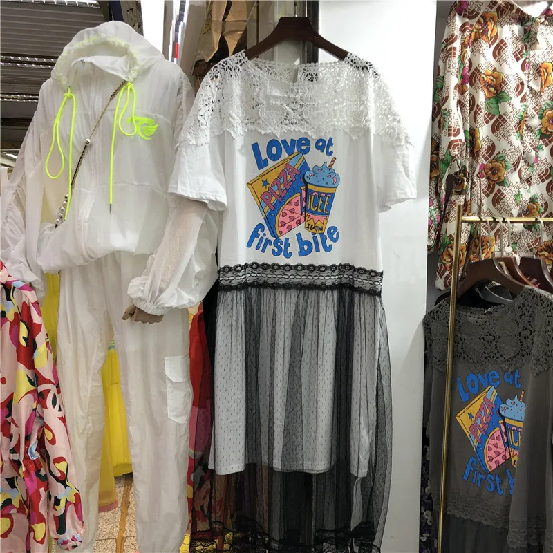 

2021 Summer Lace Floral Border Mesh Short-Sleeved Female Ankle-length Dress New Elegant Korean Mid-Length Women T-shirt Dress