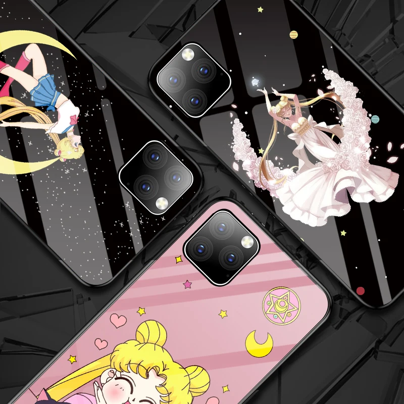 

Luxury Painted Cartoon Crescent Girl Tempered Glass Phone Case For iPhone 12 11Pro XSMax XR X XS 8 7 6 6s Plus Silicone Case