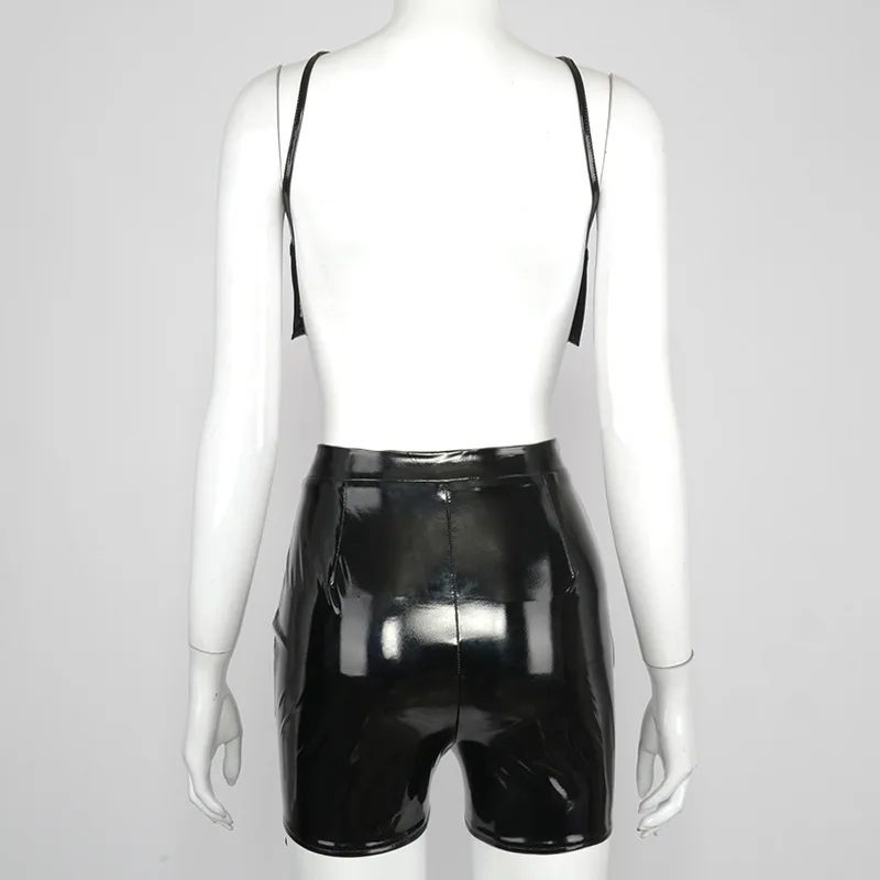 

ANJAMANOR Patent Leather Black 2 Piece Sets Womens Outfits Summer 2021 Club Wear Open Back Crop Top Booty Shorts Sets D85-CD14