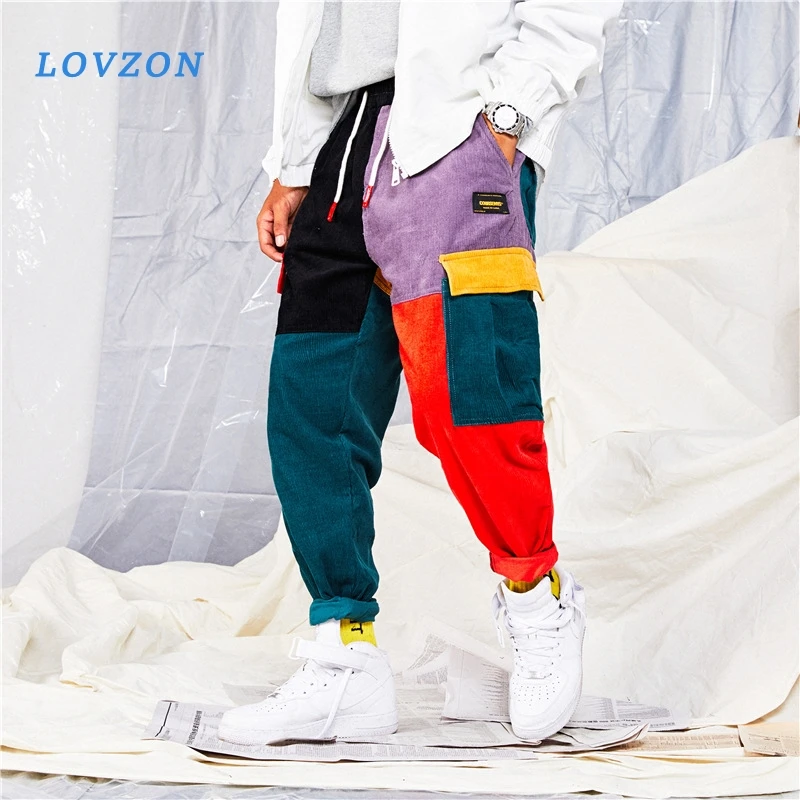 

LOVZON Hip Hop Pants Vintage Color Block Patchwork Corduroy Cargo Harem Pant Streetwear Harajuku Jogger Sweatpant Cotton Trouser