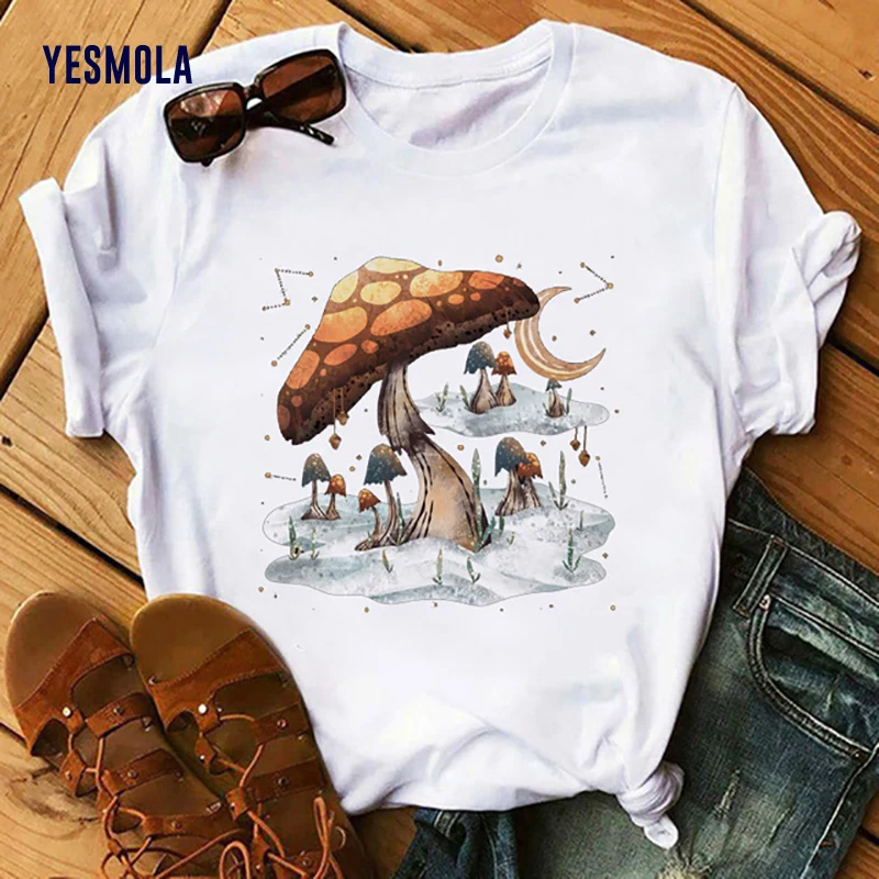 

YESMOLA Women T-shirts Mushrooms Kawaii Funny Printed Tshirt Oversized Tshirt Summer Cartoon Ladies Tees Female Streetwear Tops