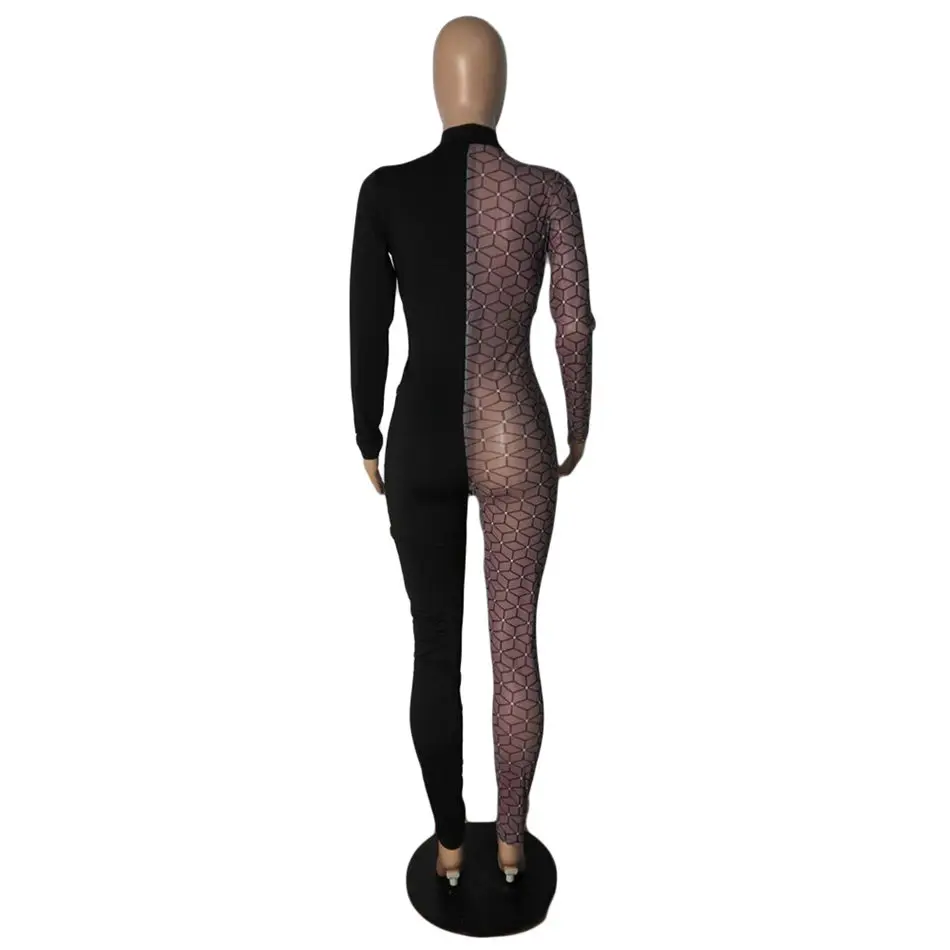 

Women's Jumpsuit Lace Up Waist Autumn Mesh See Though Patchwork Sexy Club Party One Piece Overall Bodycon Rompers Outfit