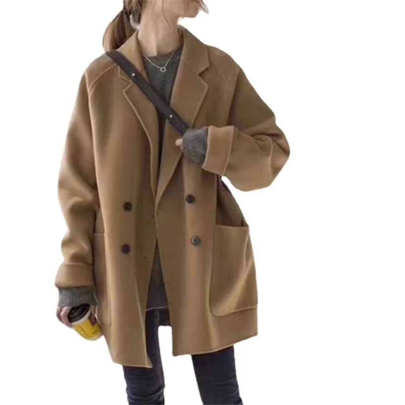 

Женское шерстяное пальто средней длины, однотонное приталенное боди с лацканами, Осень-зима 2021