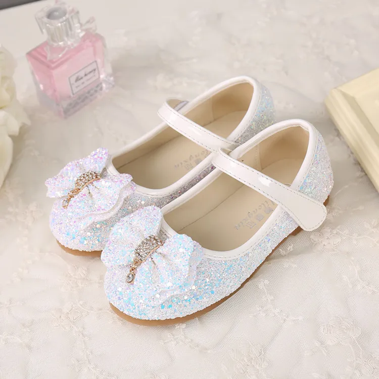 

NEW with Princess Girls Shoes For Children Leather Shoes Kids Girls Glitter Bow Knot Microfiber White Pink Red Blue shoe J40