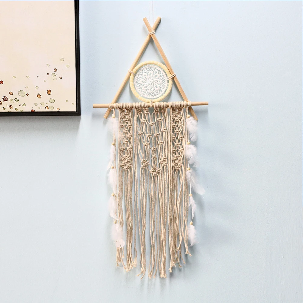 

Romantic Home Decor Window Triangle Nursery Ornament Wall Hanging Handmade Wedding Dream Catcher With Feathers Woven Macrame