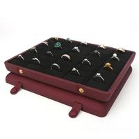 vintage wine red 20 cells pu leather jewelry ring pendant display high capacity concealed button built in velet black card slot