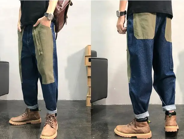 Retro Loose Multi-Pocket Jeans Men Baggy Trousers Patch Jeans Street Color Block Cargo Jeans
