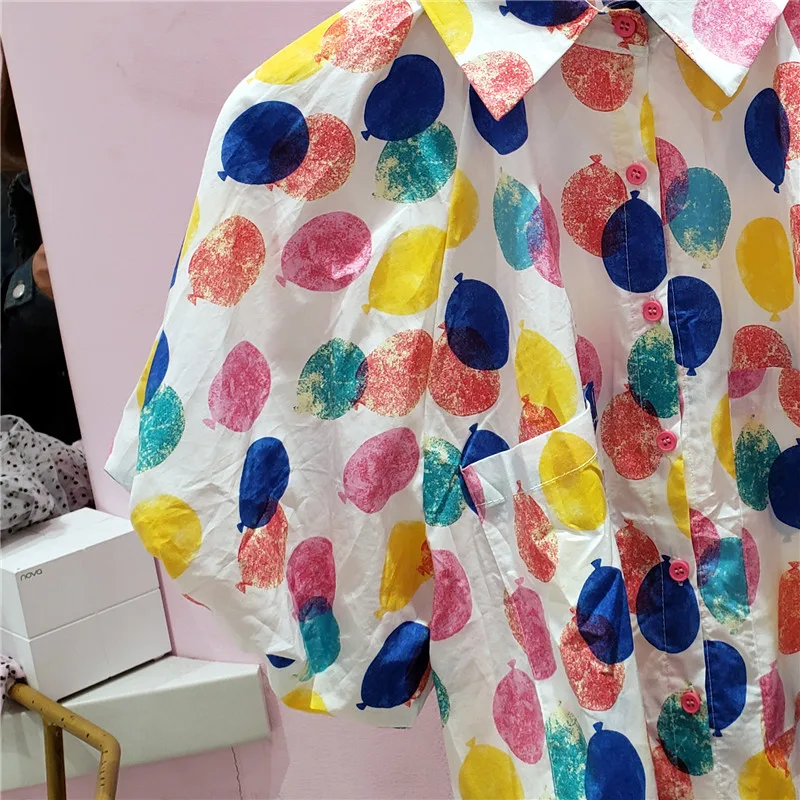 

2021 Summer New Printed Polka Dot Blouse Femlae Loose Lapel Short Puff Sleeves Single-Breasted Shirt Women Blusas