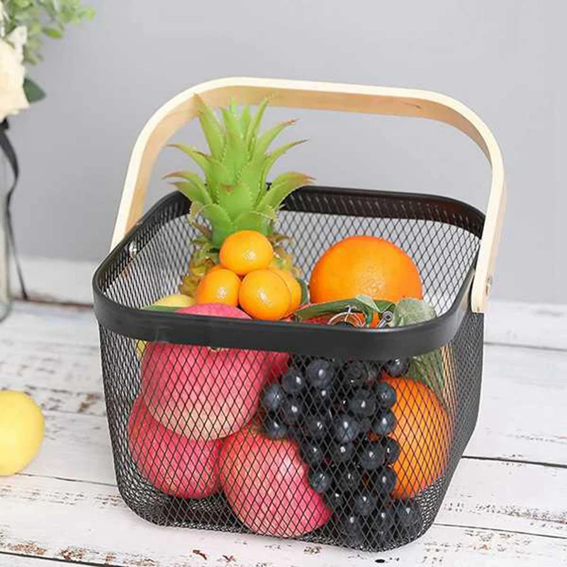 

2 Pcs Candy Colors Storage Basket Wood Handle Fruit Vegatable Basket Etal Mesh Storage Bag Basket Organizer