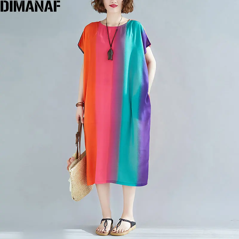 Женские летние платья DIMANAF свободный сарафан большого размера с принтом радуги в