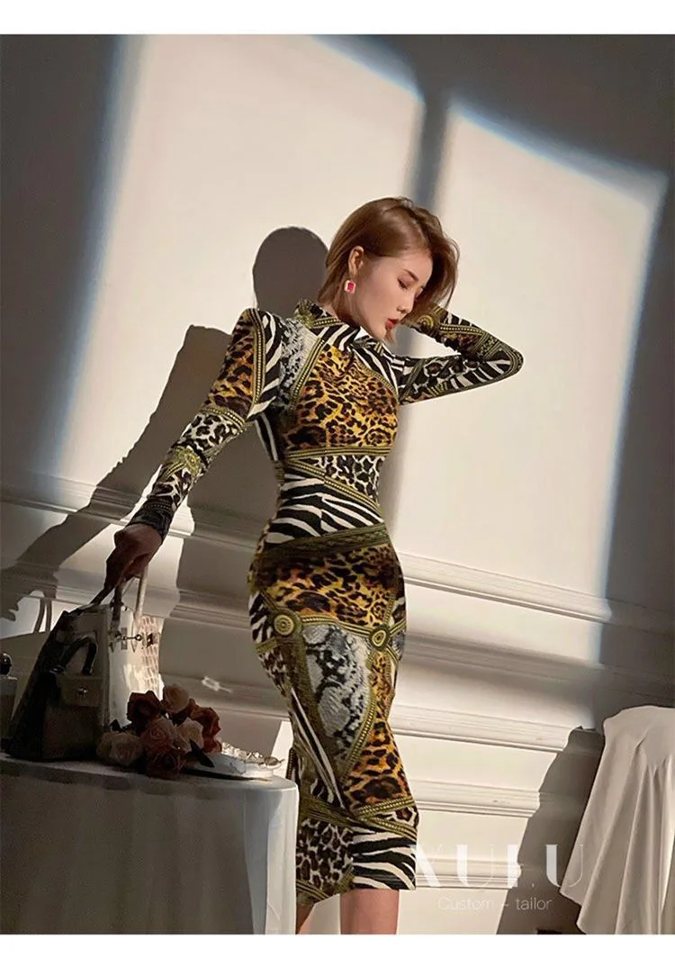 Дизайнерское винтажное платье миди с леопардовым принтом облегающее Клубное