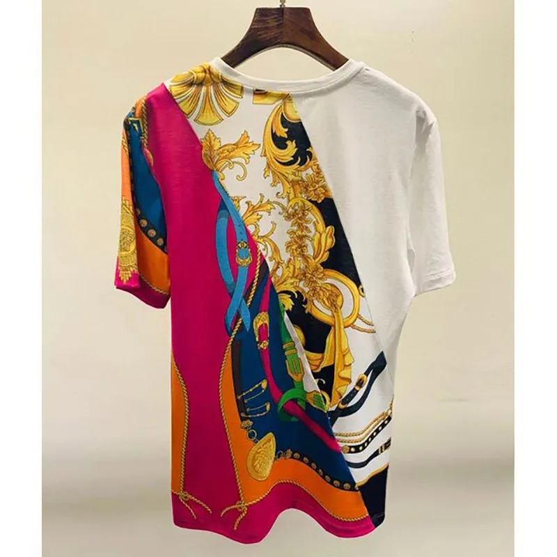 

2021 Summer New Women's Round Neck Printed Pattern Contrast Color Short Sleeve Retro Luxury Designer Clothes Loose Top T-Shirt